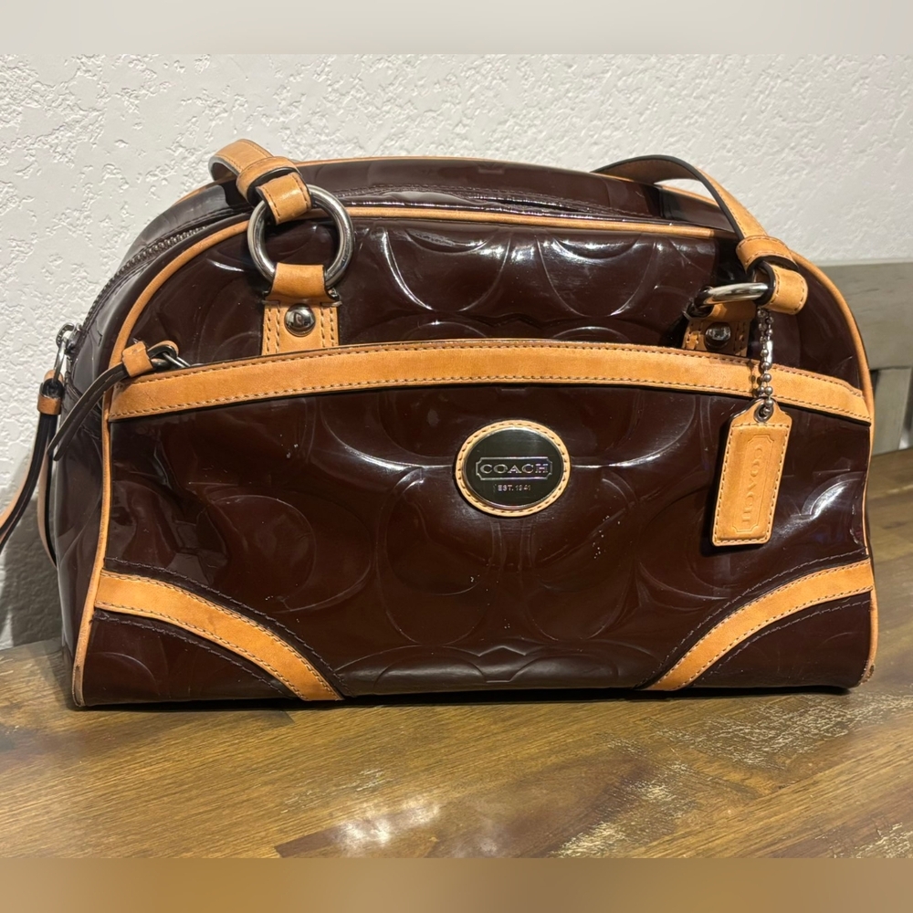 Coach Payton maroon Patent Leather Satchel with Tan Trim